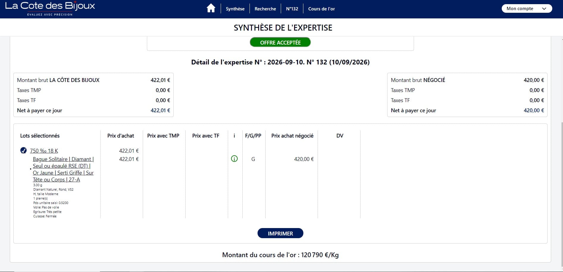 Synthèse d’une expertise dans le logiciel : offre acceptée, montant brut et montant négocié, avec le détail d’une bague solitaire diamant en or jaune 750 ‰