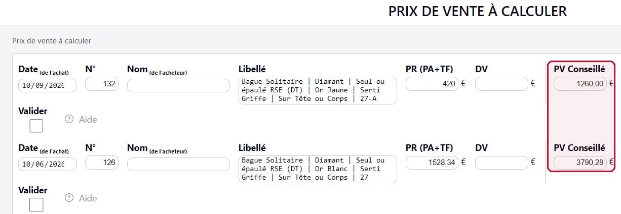 Écran « Prix de vente à calculer » : à partir du prix de revient, la colonne « PV Conseillé », entourée de rouge, donne le prix de vente que le logiciel propose