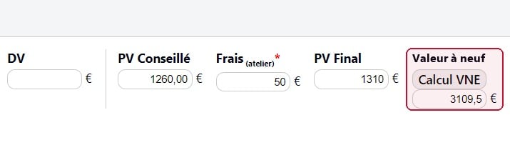 Écran de calcul : après le prix de vente conseillé, les frais d’atelier et le prix de vente final, la colonne « Valeur à neuf » — entourée de rouge — affiche 3 109,50 € pour la bague