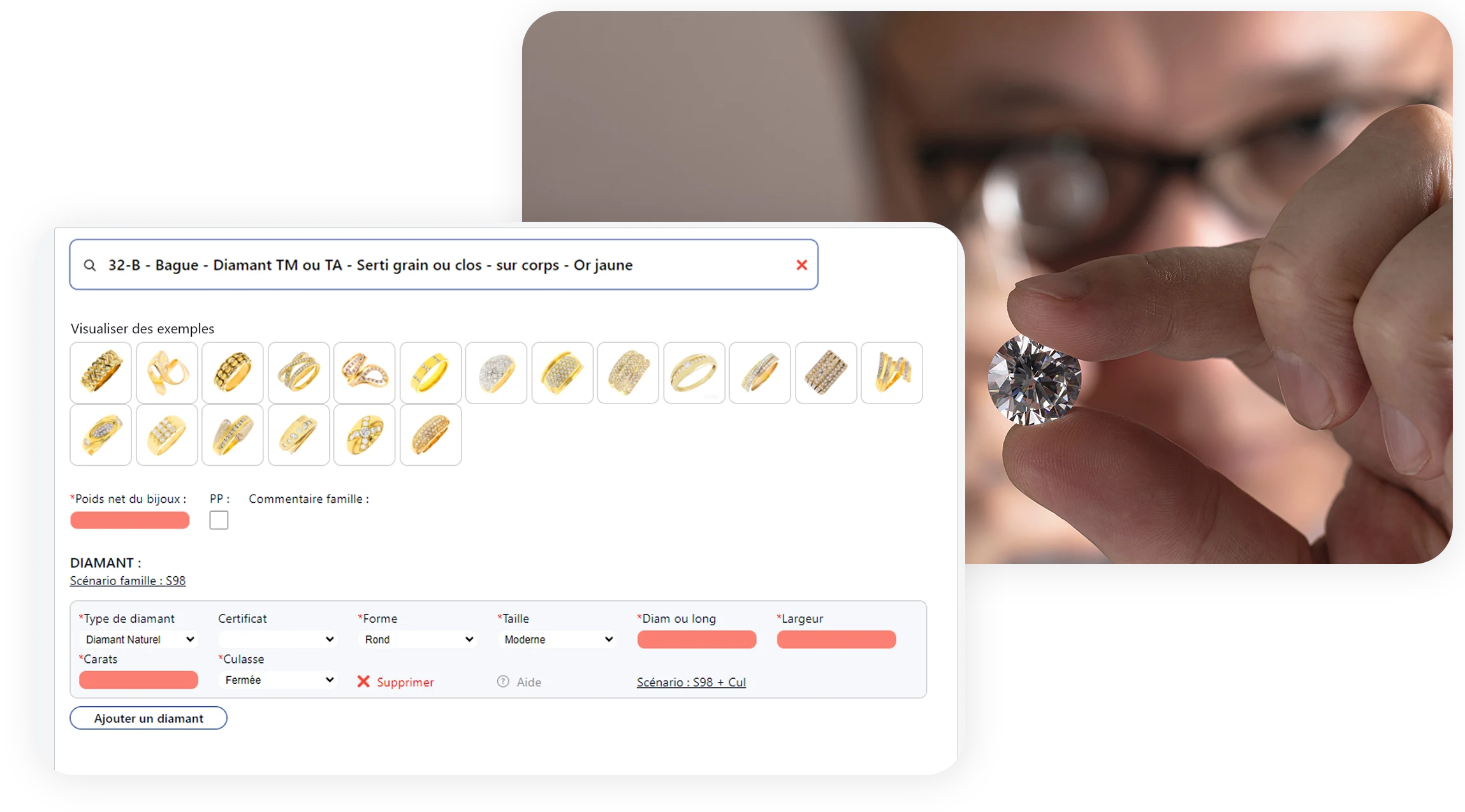 Écran de cotation du logiciel « La Cote des Bijoux » : recherche d’une bague sertie en or jaune, exemples de modèles, poids net du bijou et caractéristiques du diamant — à côté, un expert observe un diamant à la loupe